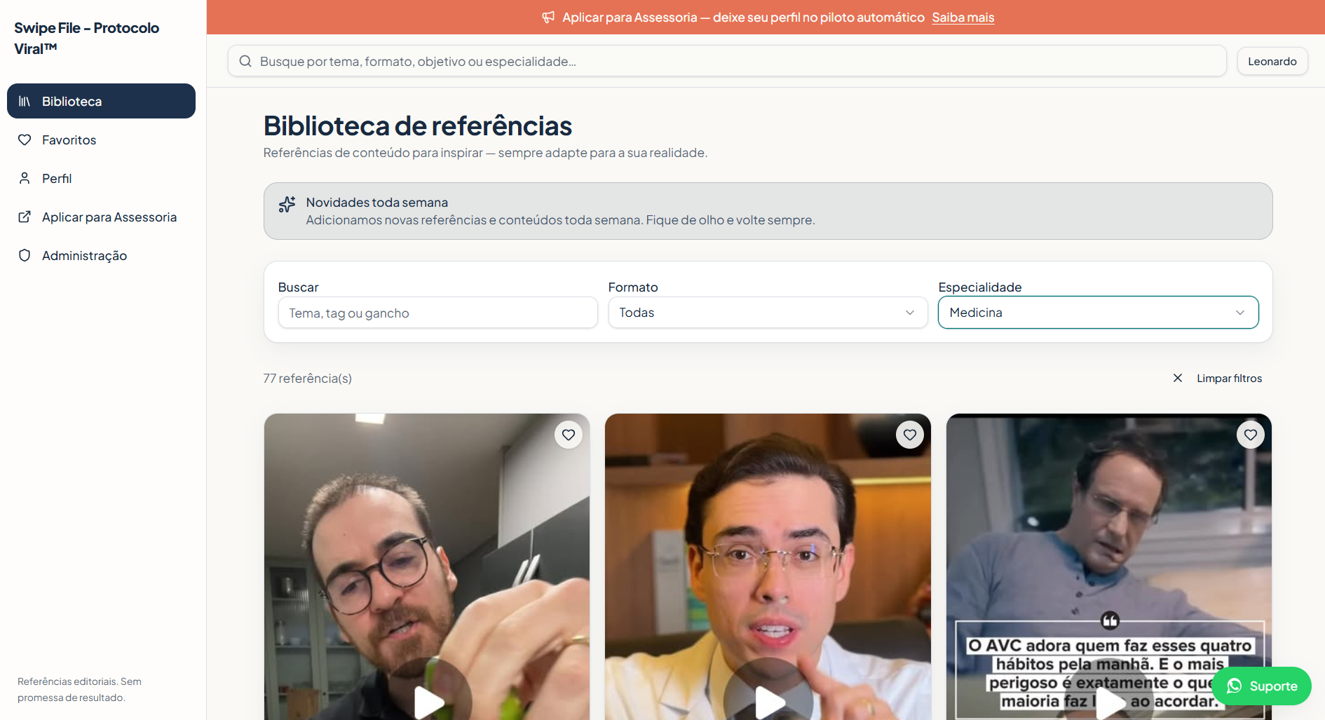 Biblioteca de referências do Swipe File - Protocolo Viral aberta no desktop