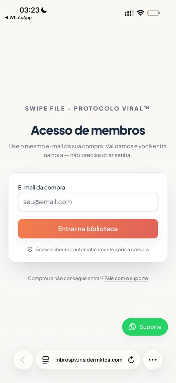 Tela de acesso de membros do Swipe File - Protocolo Viral no celular