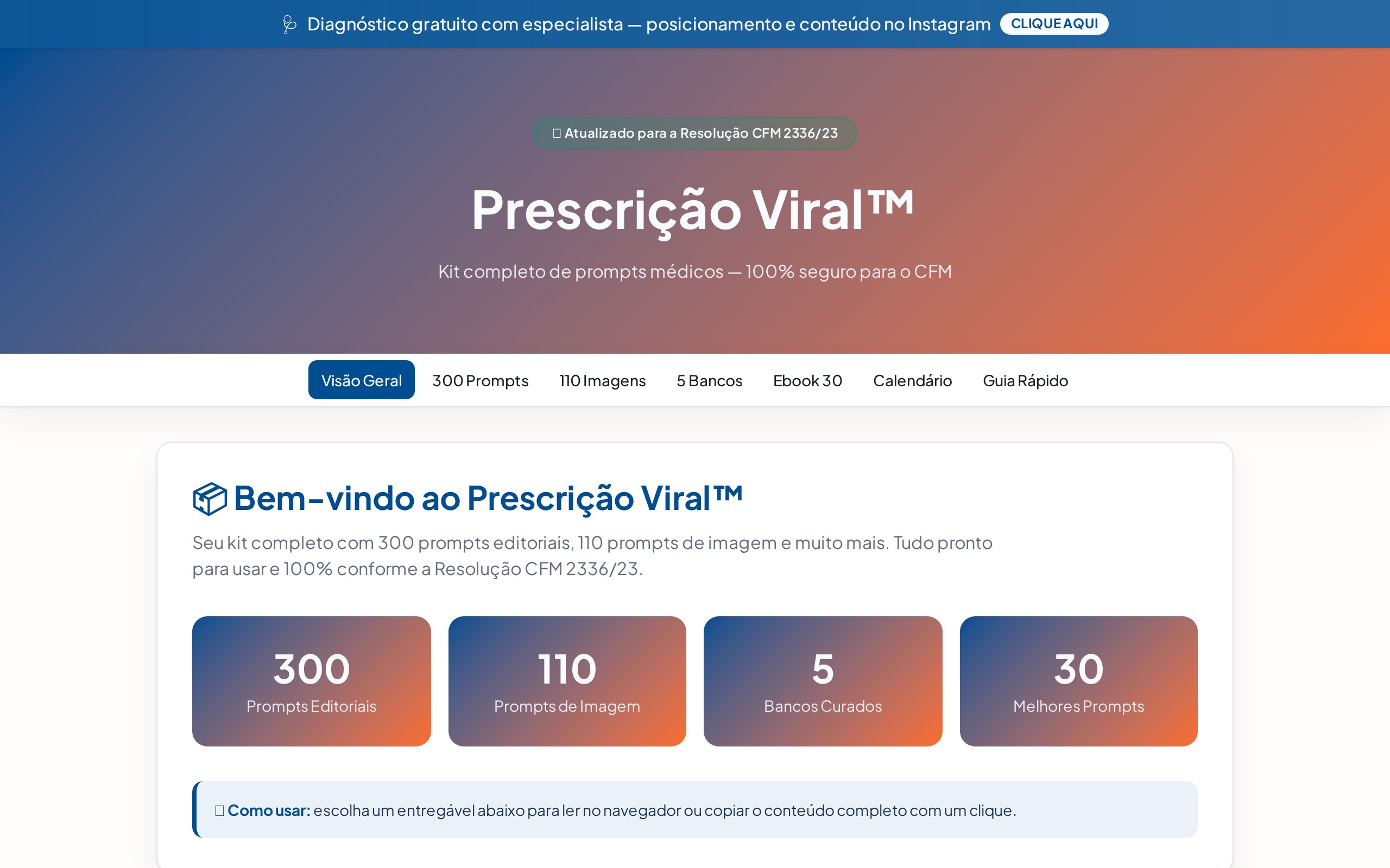 Painel de prompts editoriais da Prescrição Viral em um laptop